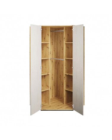 Armoire d'angle Qubic blanc et chêne pour chambre adolescent portes ouvertes