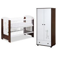 Pack lit bébé + armoire double GIRAFE blanc et noyer