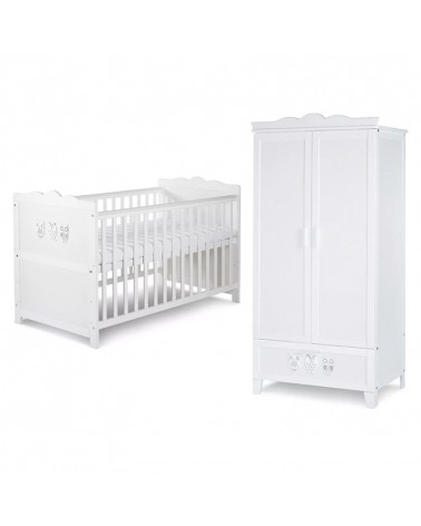 Pack lit bébé 140x70 + armoire double HIBOU blanc