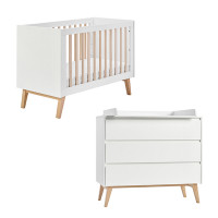 Pack lit bébé 120 + commode avec plan à langer SWING blanc et hêtre