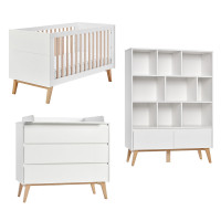 Pack lit bébé140+ commode avec plan à langer+ bibliothèque SWING blanc et hêtre