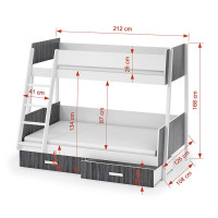 Dimensions lit superposé 3 places bicolore blanc et onyx MORITZ