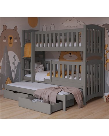 Lit superposé NATHAN 3 couchages avec barrières hautes gris pour enfant