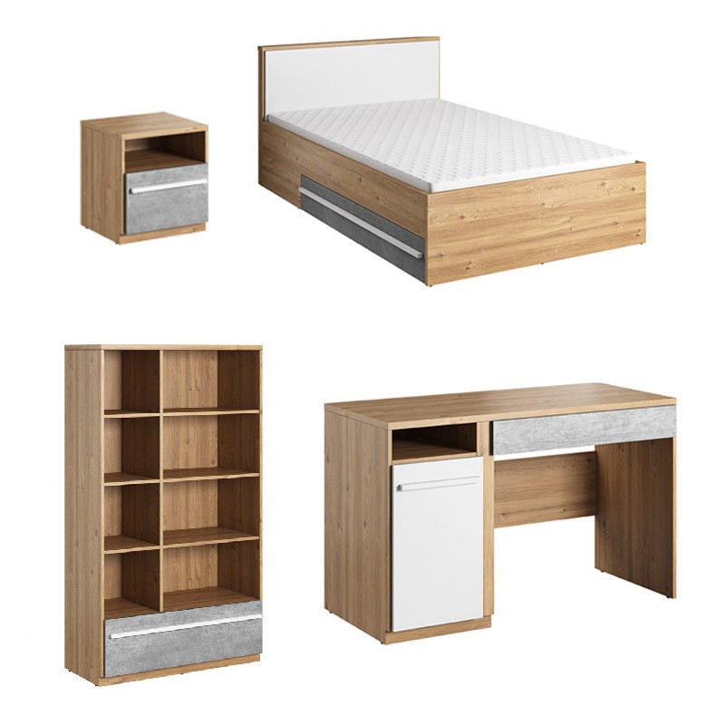 Pack mobilier chambre ado PLANO lit avec matelas + bureau + chevet + grande bibliothèque